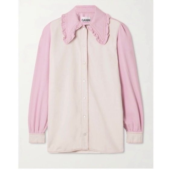 Ganni Ruffled Two-Tone Lilac Lavender Pink Denim Shirt Top Jacket Shacket NEW - Picture 5 of 12